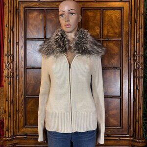 Moda International Ivory Removable Faux Fur Collar Wool Blend Zip Front Cardigan